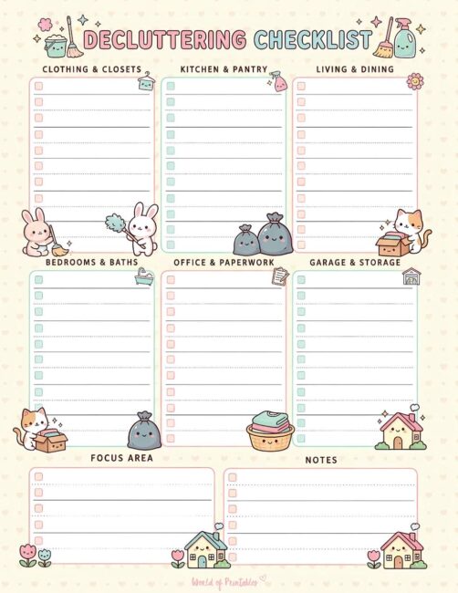 Printable Decluttering Checklist - Kawaii Theme