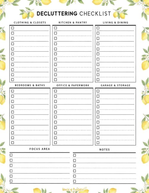 Printable Decluttering Checklist - Lemon Theme