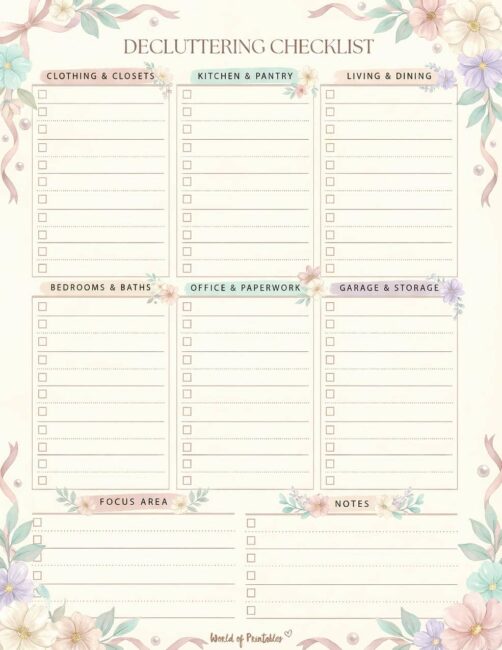Printable Decluttering Checklist - Pastel Flowers Theme