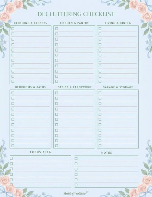 Printable Decluttering Checklist - Soft Blue Theme