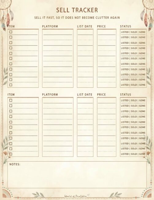 Printable Sell Tracker - Boho Theme