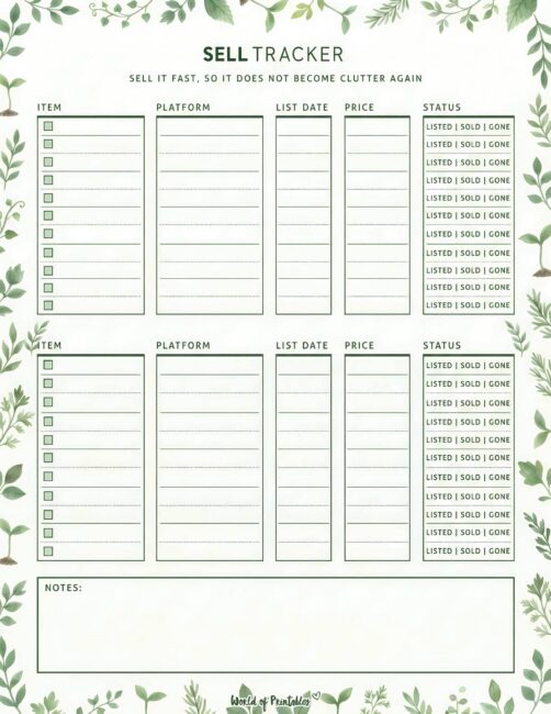 Printable Sell Tracker - Botanical Theme