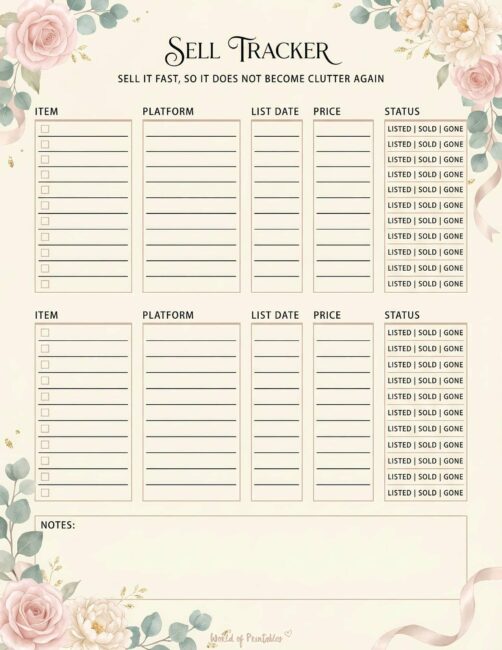 Printable Sell Tracker - Classic Floral Theme