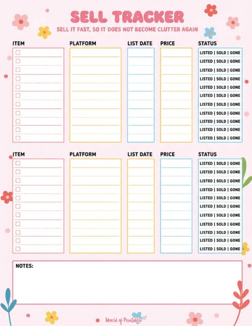 Printable Sell Tracker - Colorful Fun Theme
