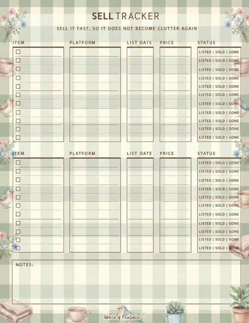 Printable Sell Tracker - Cottagecore Theme