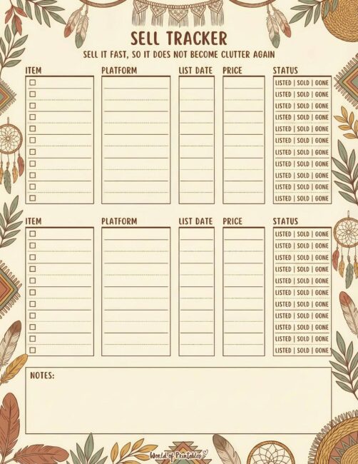 Printable Sell Tracker - Earthy Boho Theme
