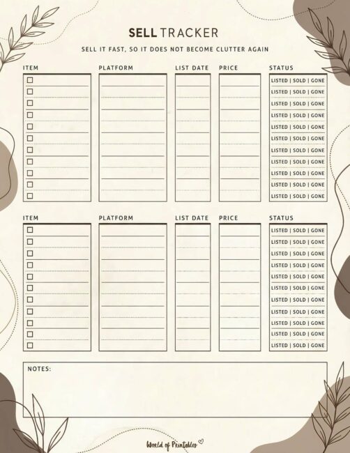 Printable Sell Tracker - Earthy Botanical Theme