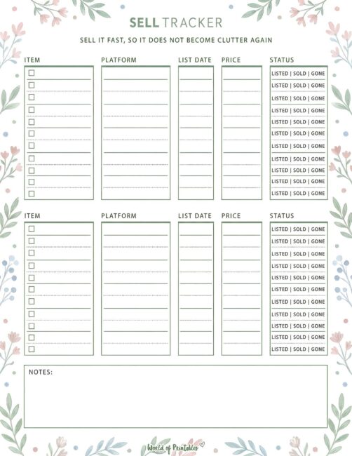 Printable Sell Tracker - Floral and Botanical Theme