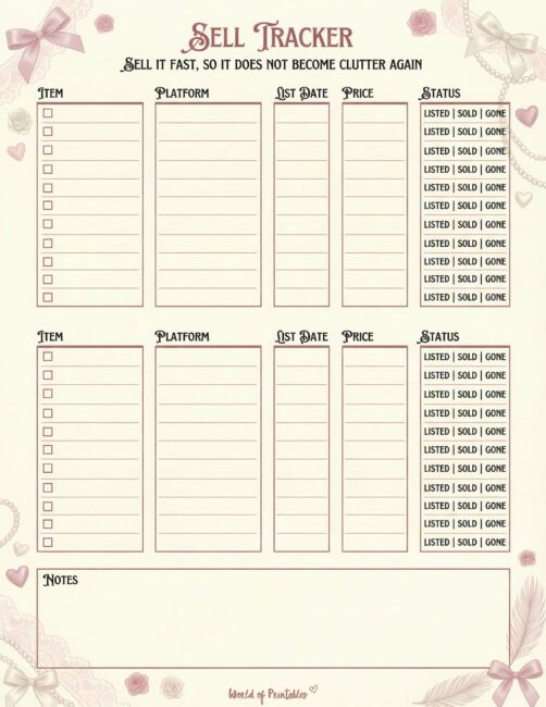 Printable Sell Tracker - Girly Classic Theme