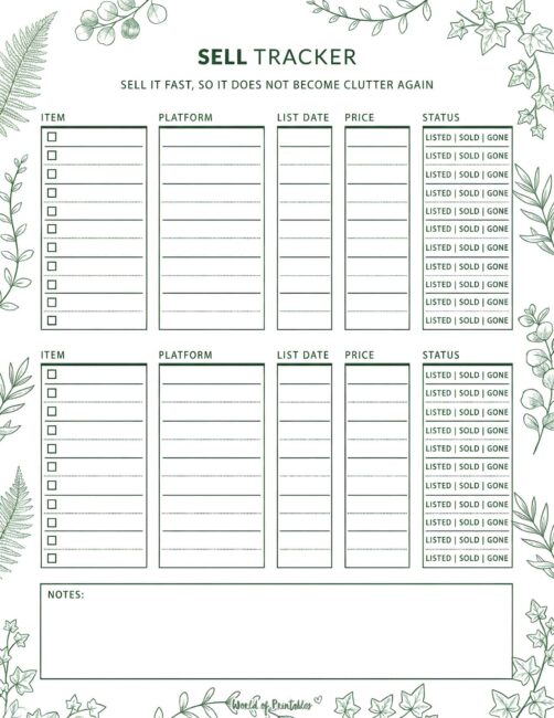Printable Sell Tracker - Leafy Theme