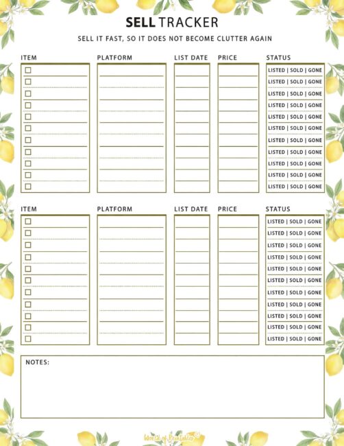 Printable Sell Tracker - Lemon Theme