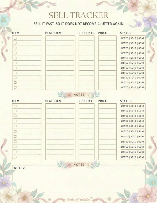 Printable Sell Tracker - Pastel Flowers Theme