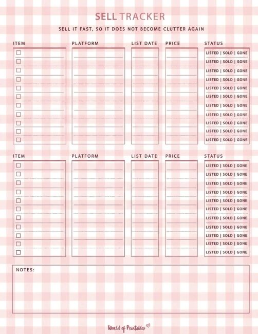 Printable Sell Tracker - Pink Gingham Theme