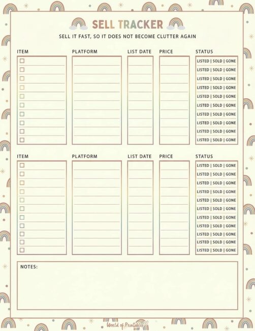 Printable Sell Tracker - Rainbow Theme