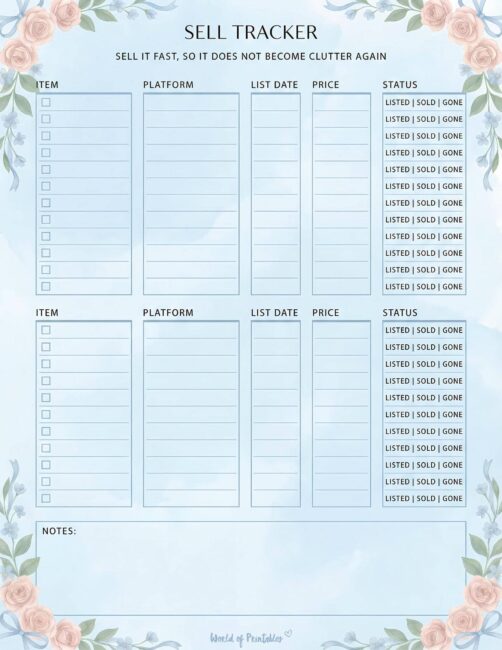 Printable Sell Tracker - Soft Blue Theme