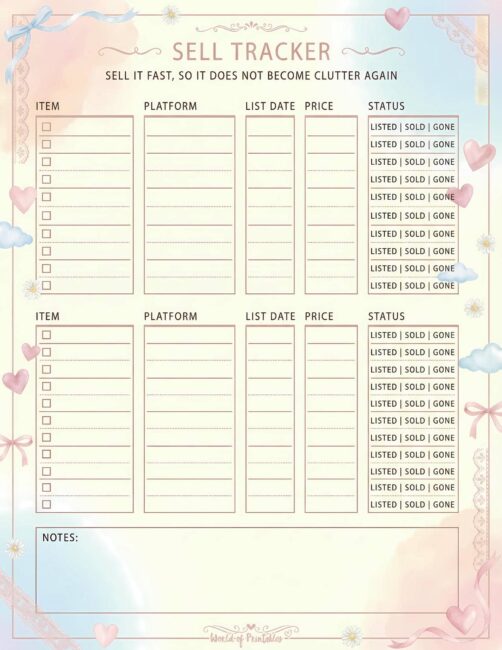 Printable Sell Tracker - Soft Theme