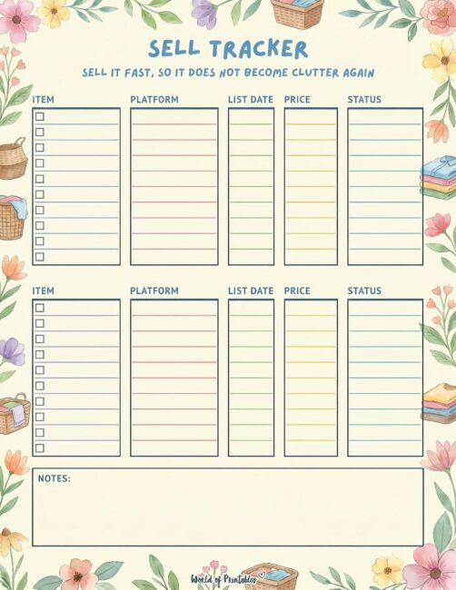 Printable Sell Tracker - Spring Cleaning Theme