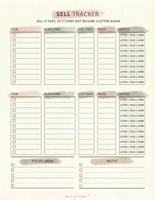 Printable Sell Tracker - Watercolor Theme