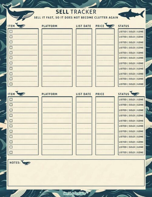 Printable Sell Tracker - Whale Theme