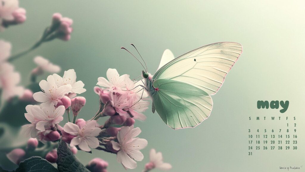 Sage Green Butterfly May Calendar Wallpaper For Desktop
