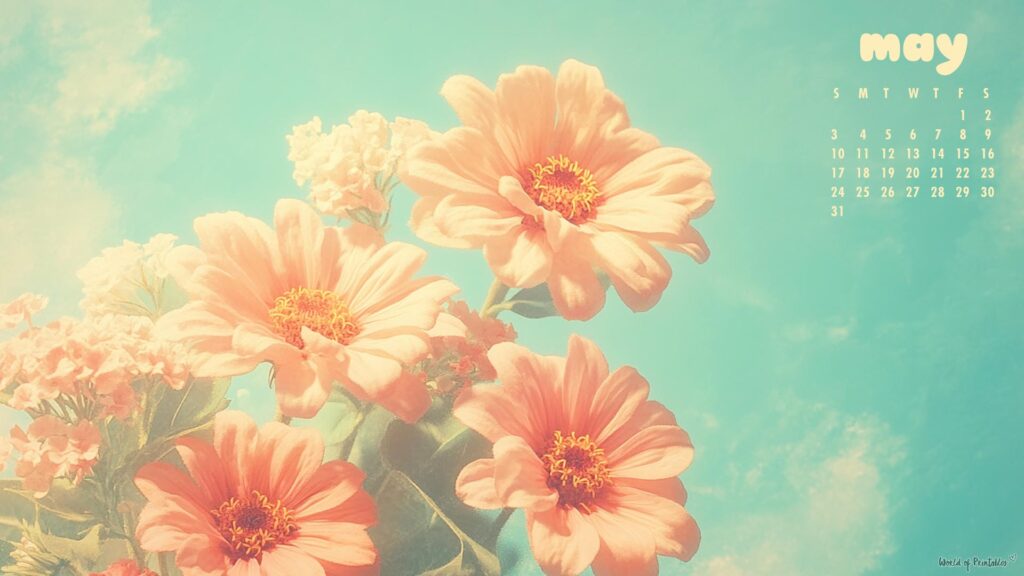 Vintage Pastel Flowers May 2026 Desktop Wallpaper With Calendar