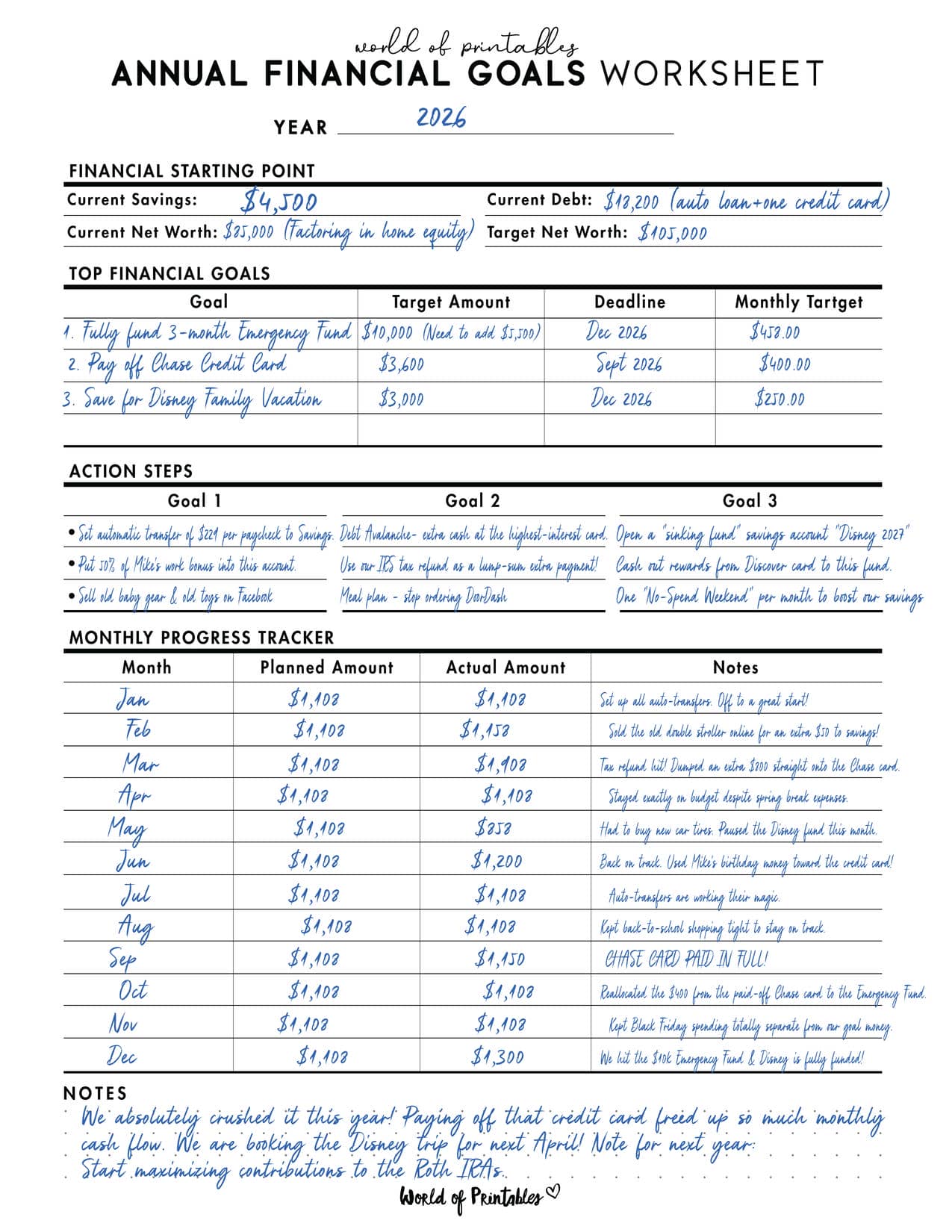 Annual Financial Goals Worksheet Example