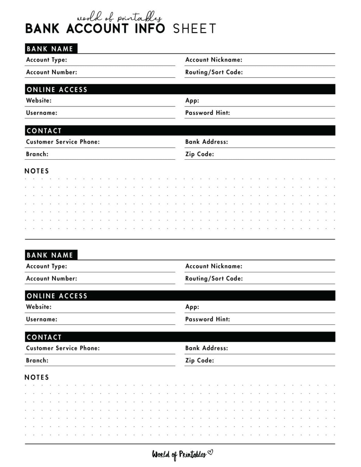 Free Bank Account Info Sheet Printable - World of Printables
