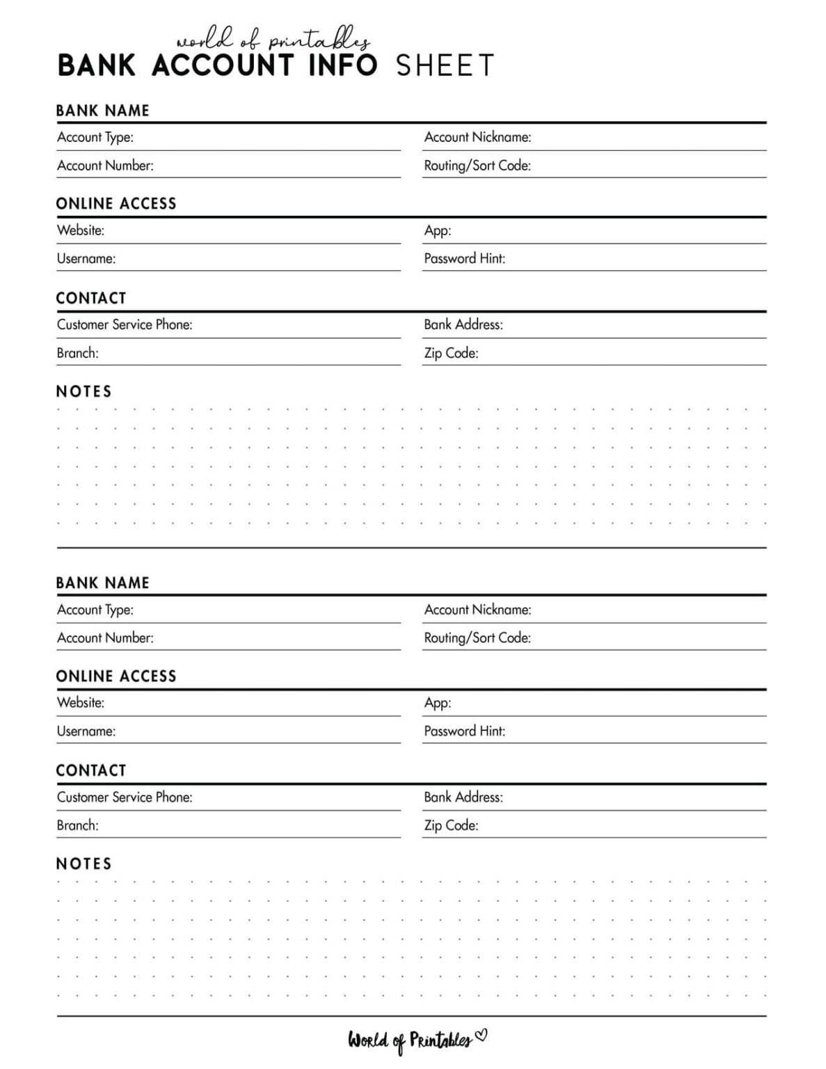 Free Bank Account Info Sheet Printable - World of Printables