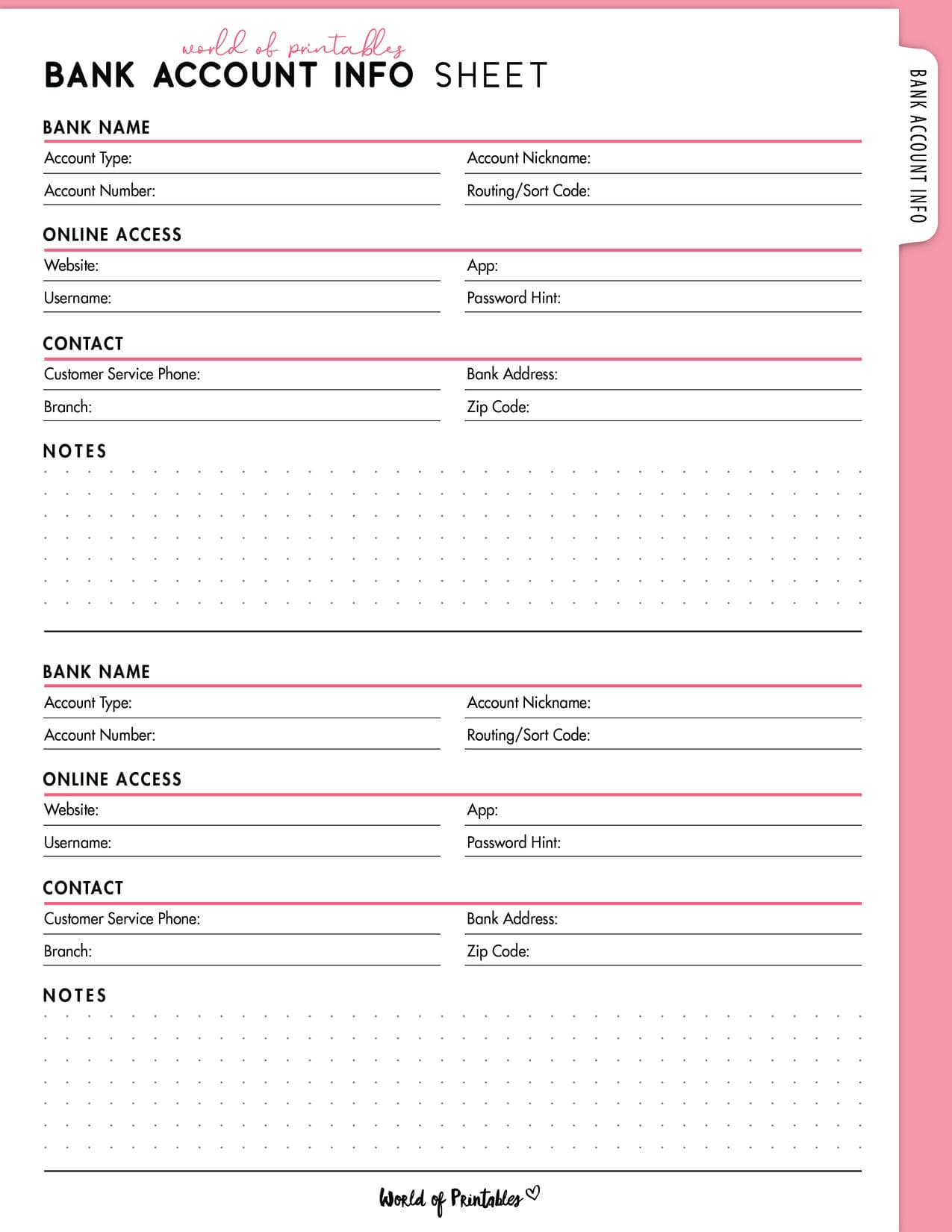 Free Bank Account Info Sheet Printable - World of Printables
