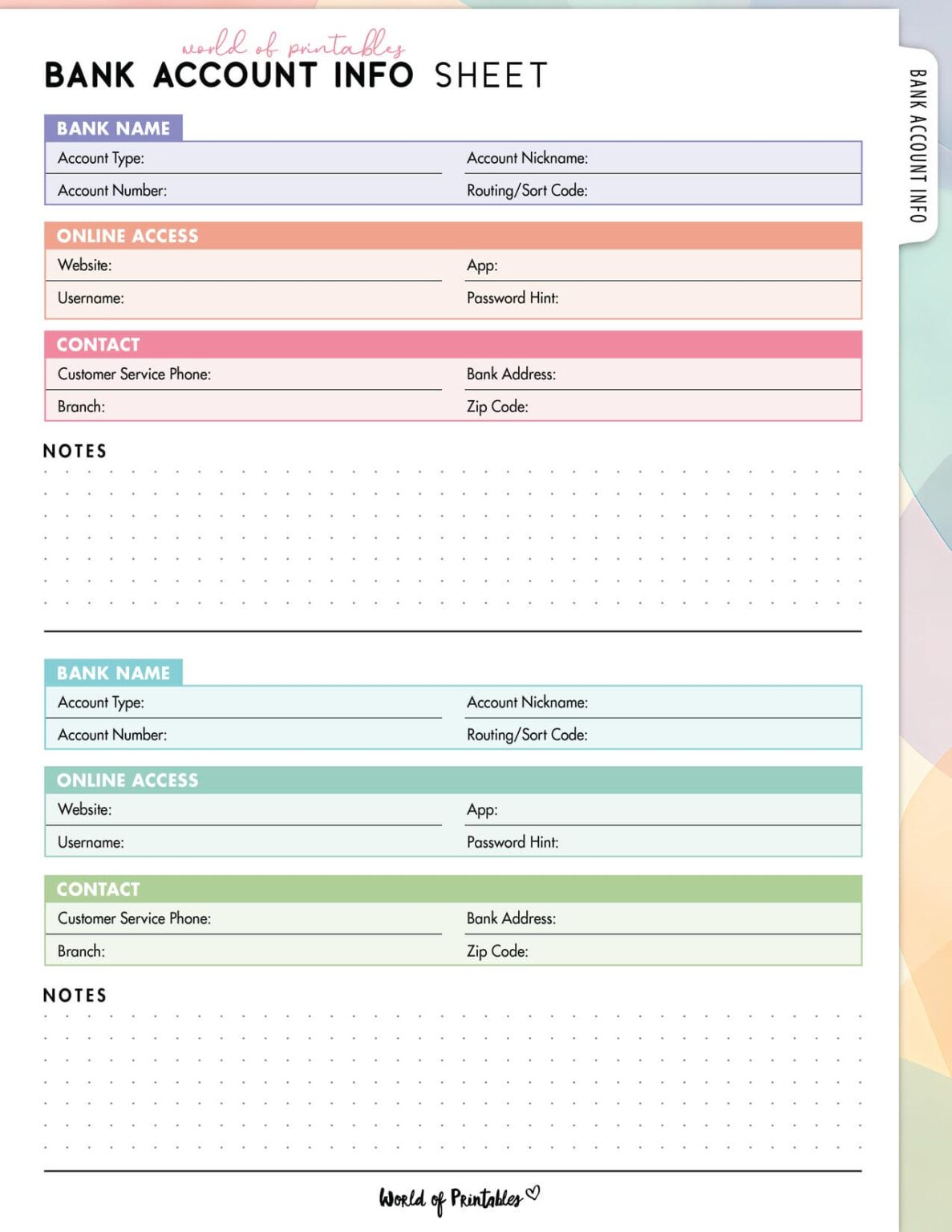 Free Bank Account Info Sheet Printable - World of Printables