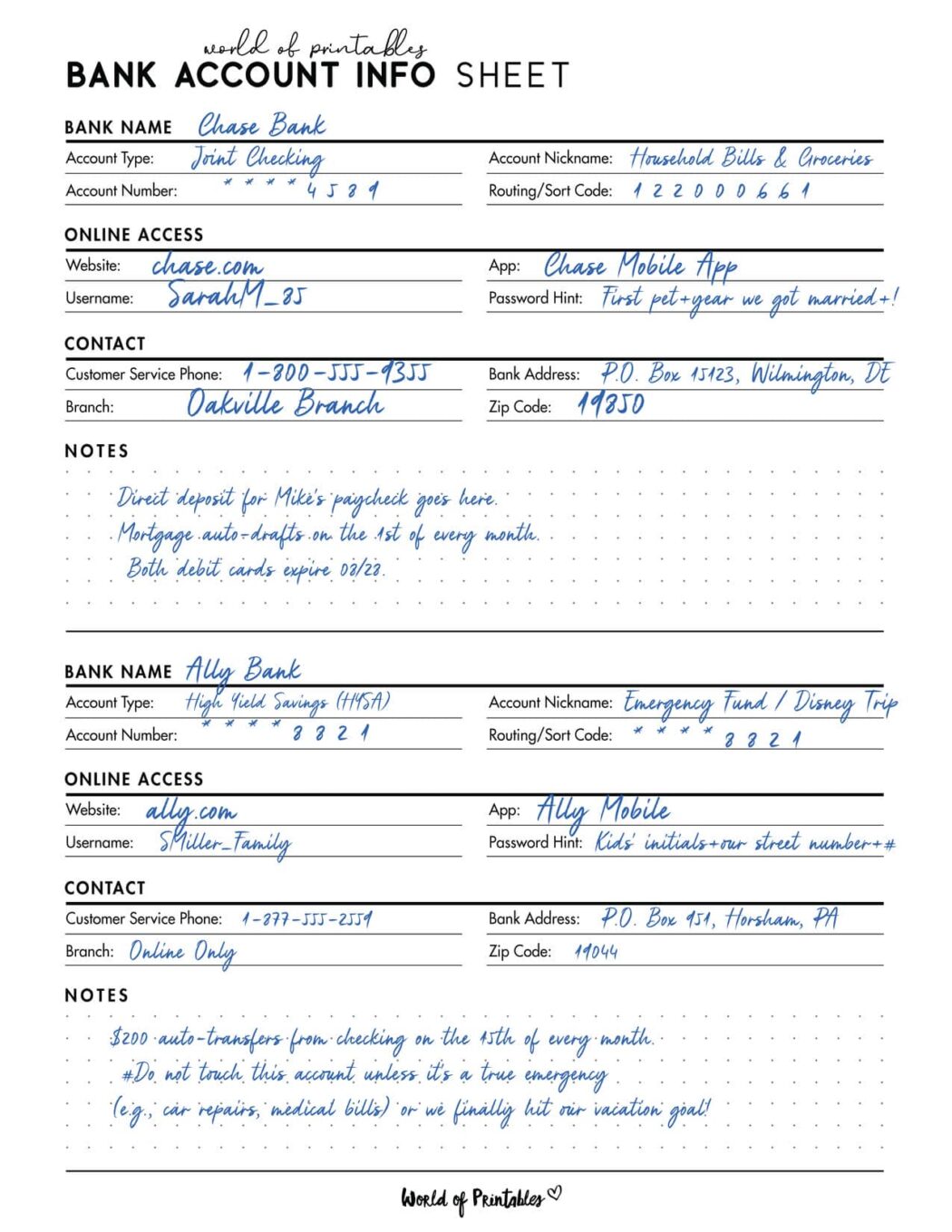 Free Bank Account Info Sheet Printable - World of Printables
