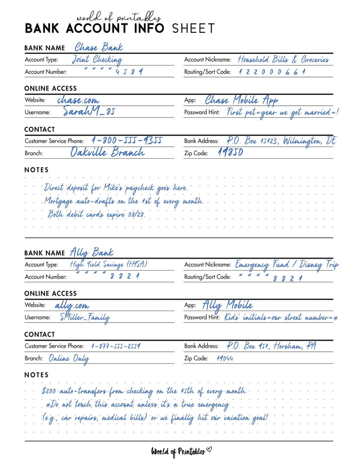 Free Bank Account Info Sheet Printable - World of Printables