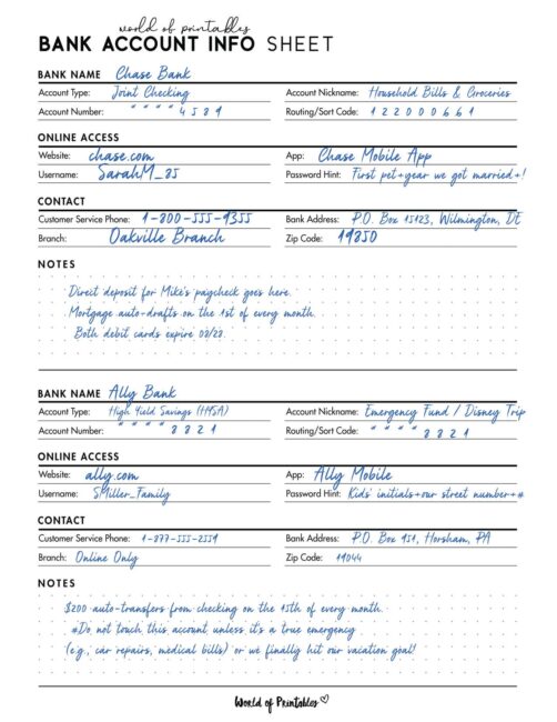 Free Bank Account Info Sheet Printable - World of Printables