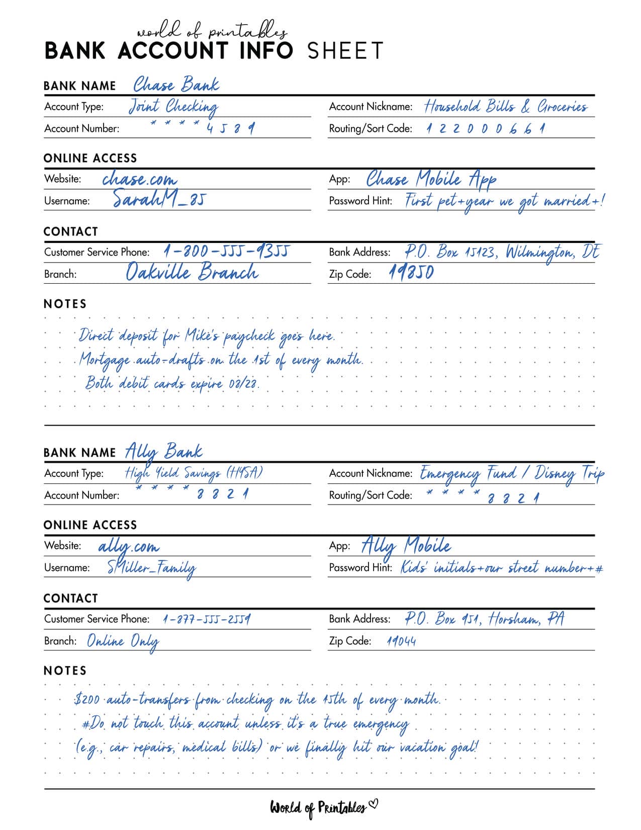 Bank Account Info Sheet Example