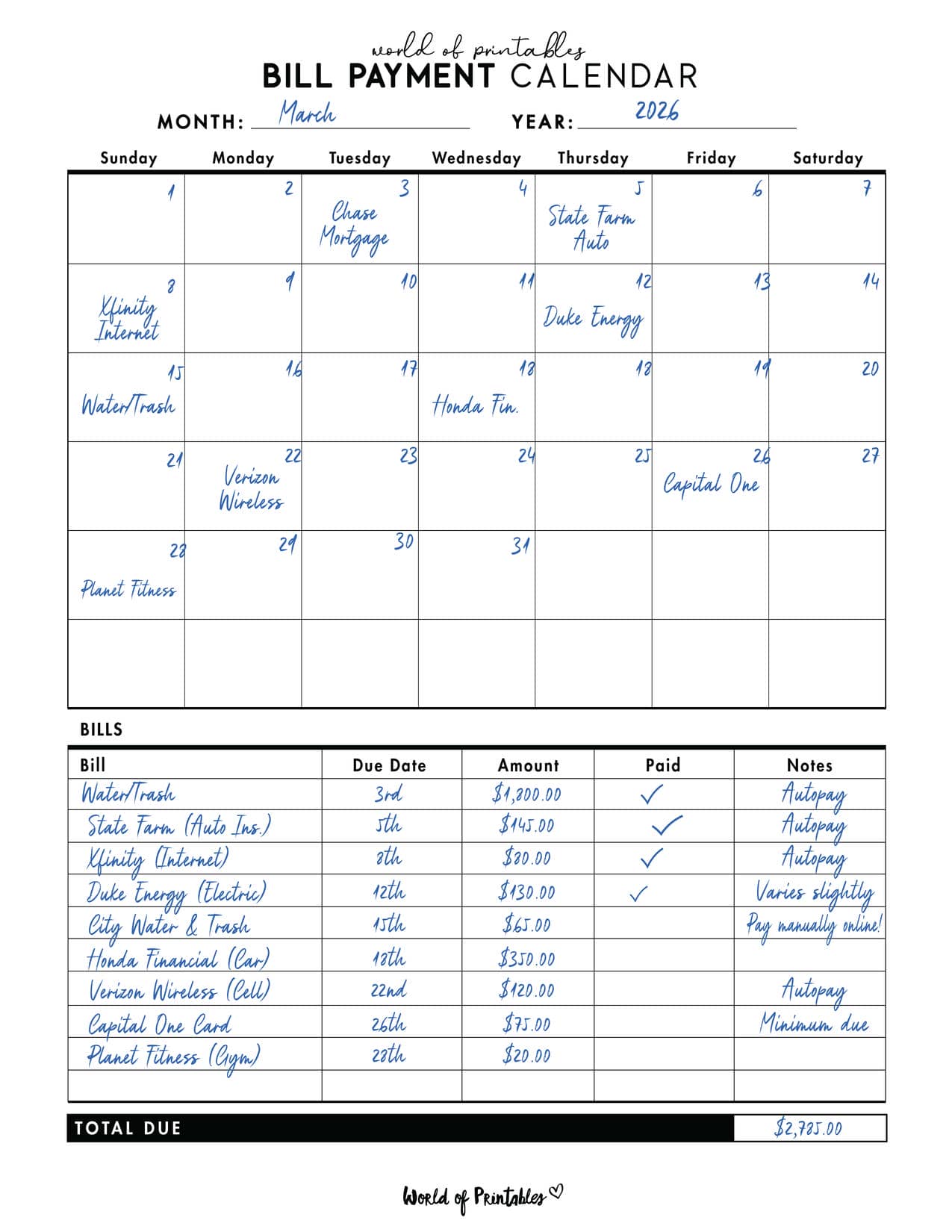 Bill Payment Calendar Example