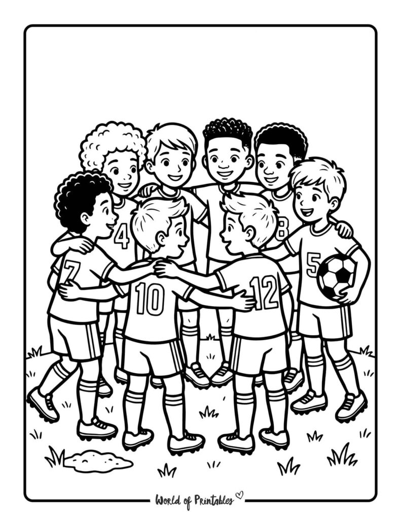 Boys Team Huddle Soccer Coloring Page