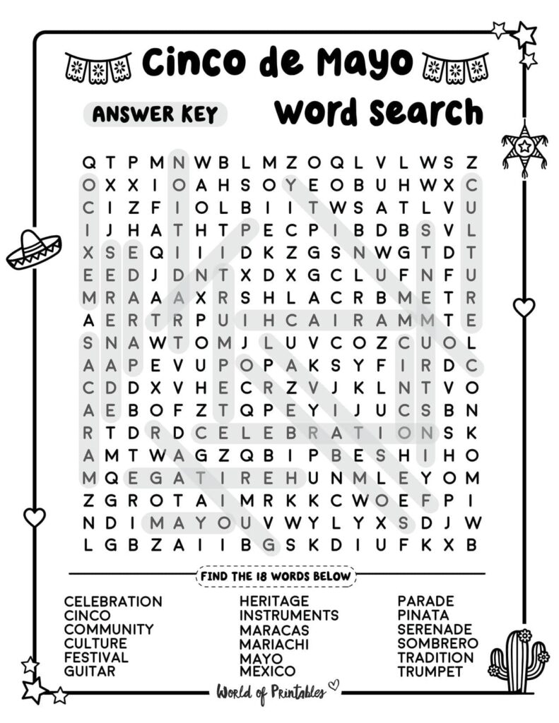 Cinco de Mayo Word Search - Challenge Level Answer Key