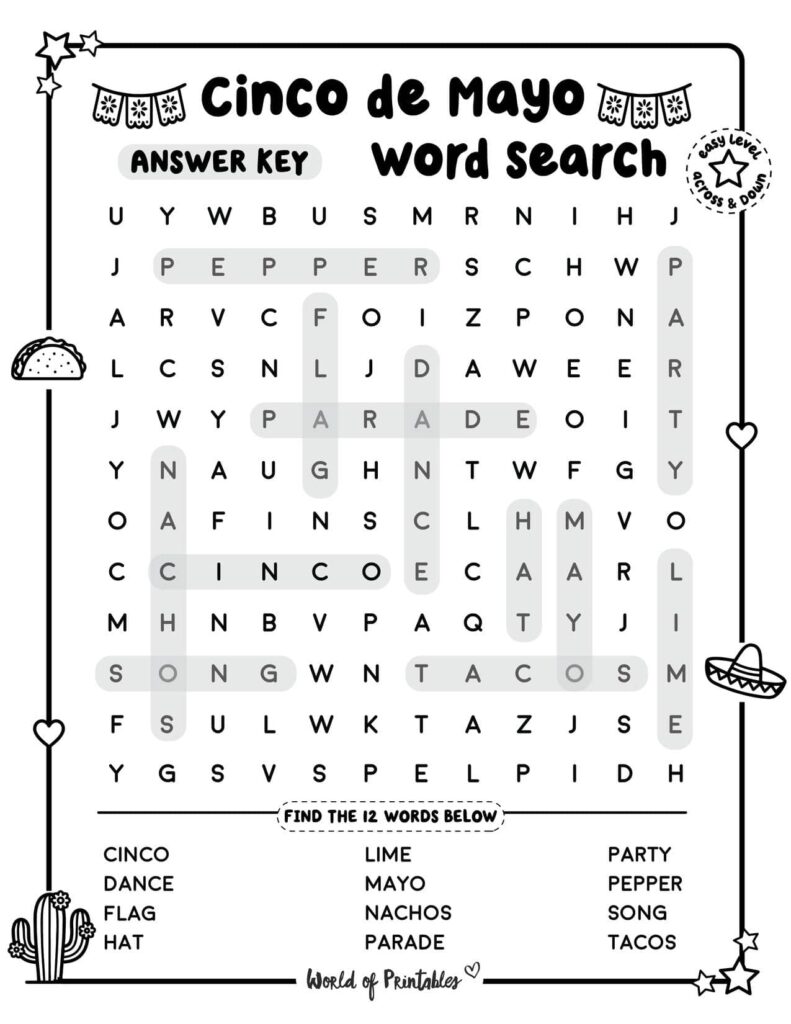 Cinco de Mayo Word Search - Easy Level Answer Key