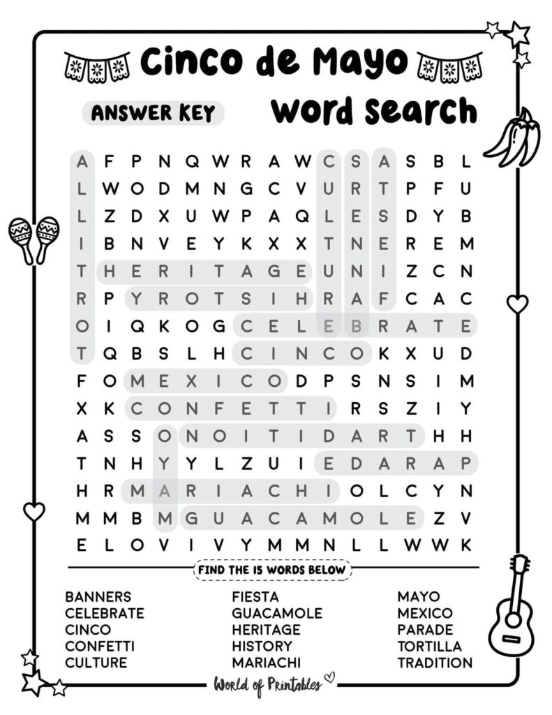 Cinco de Mayo Word Search - Medium Level Answer Key