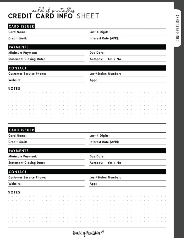Free Credit Card Info Sheet Printable - World of Printables