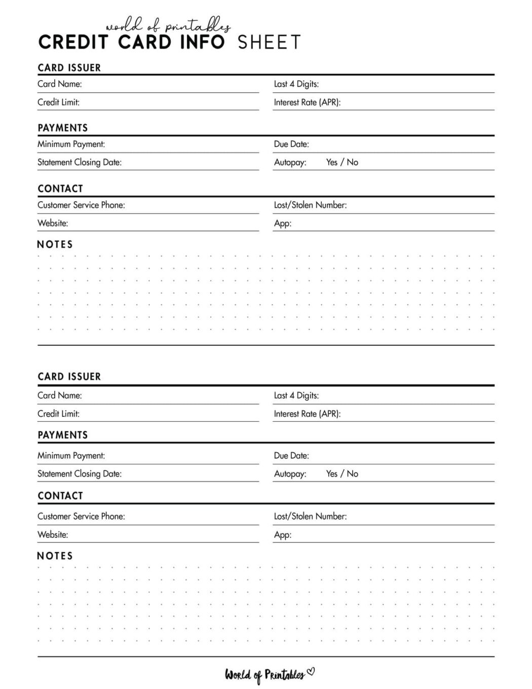 Free Credit Card Info Sheet Printable - World of Printables
