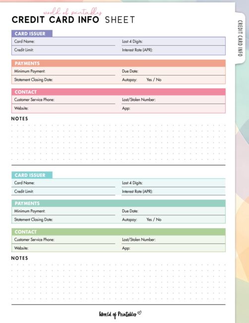 Free Credit Card Info Sheet Printable - World of Printables
