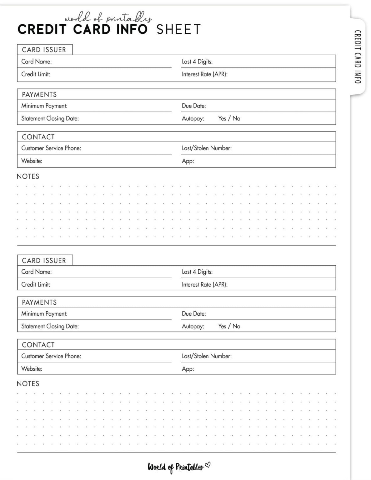 Free Credit Card Info Sheet Printable - World of Printables