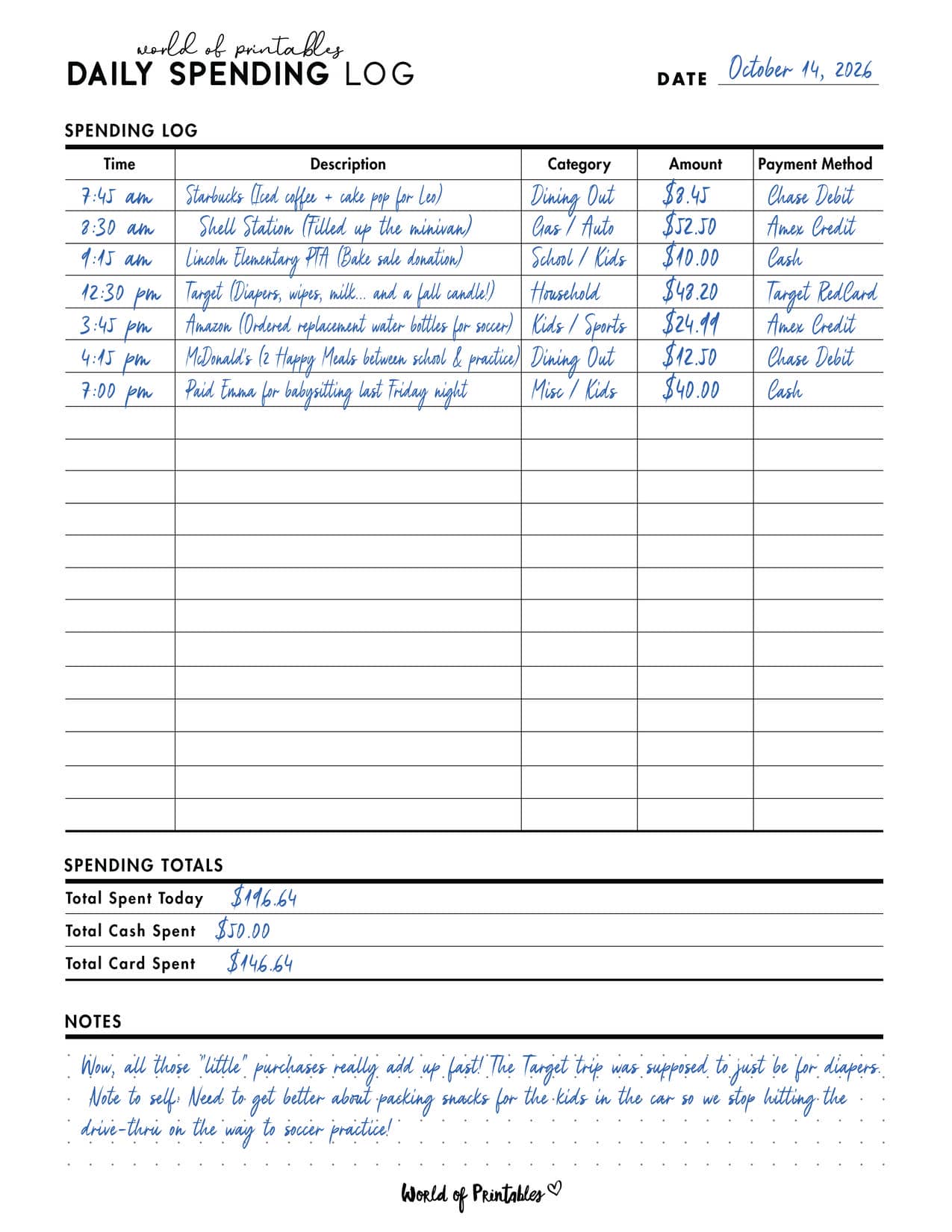 Daily Spending Log Example