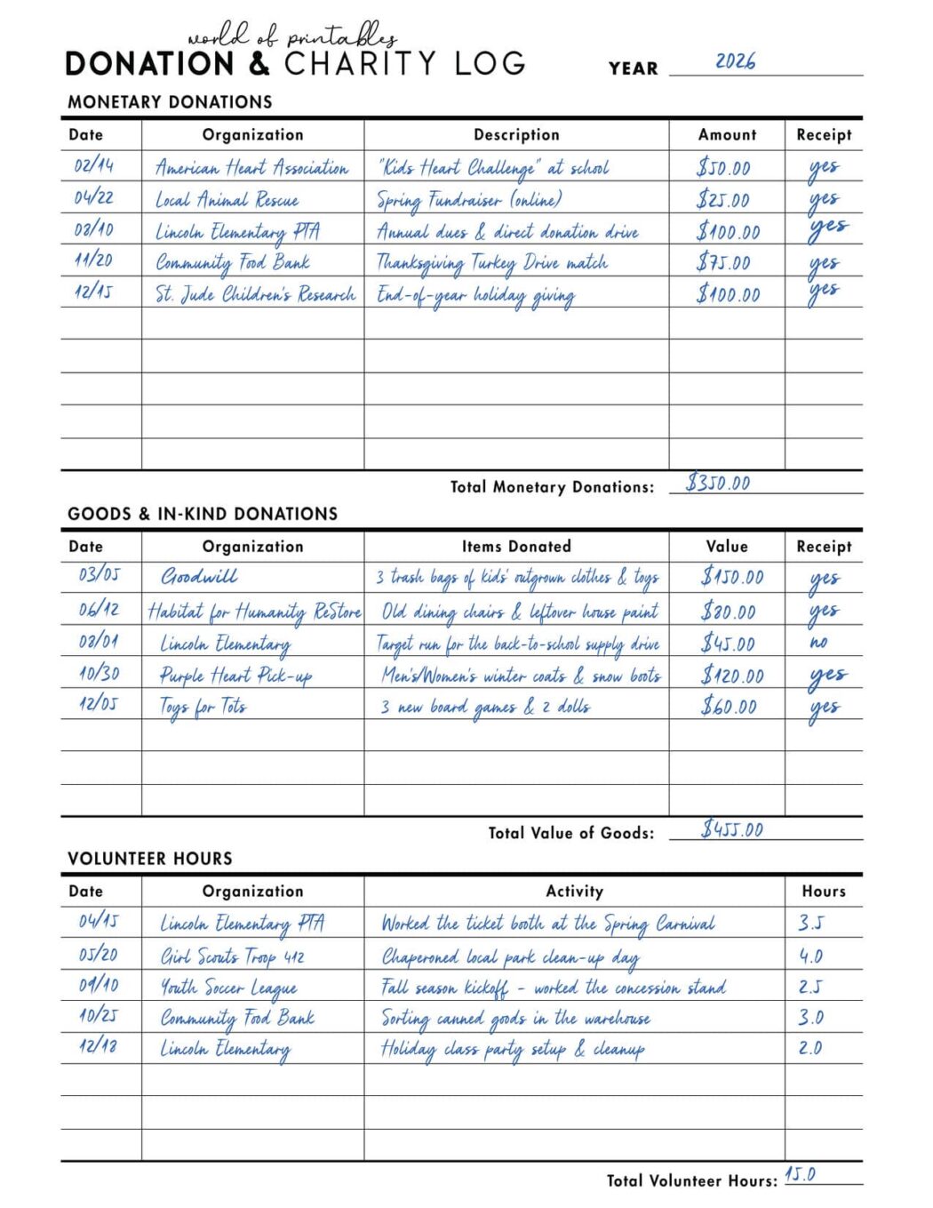 Contribution Log Sample Free Donation & Charity Log Printable - World of Printables
