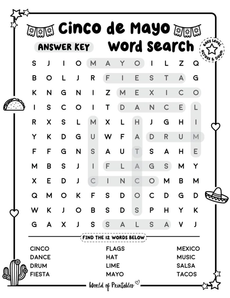 Easy Cinco de Mayo Word Search Answer Key