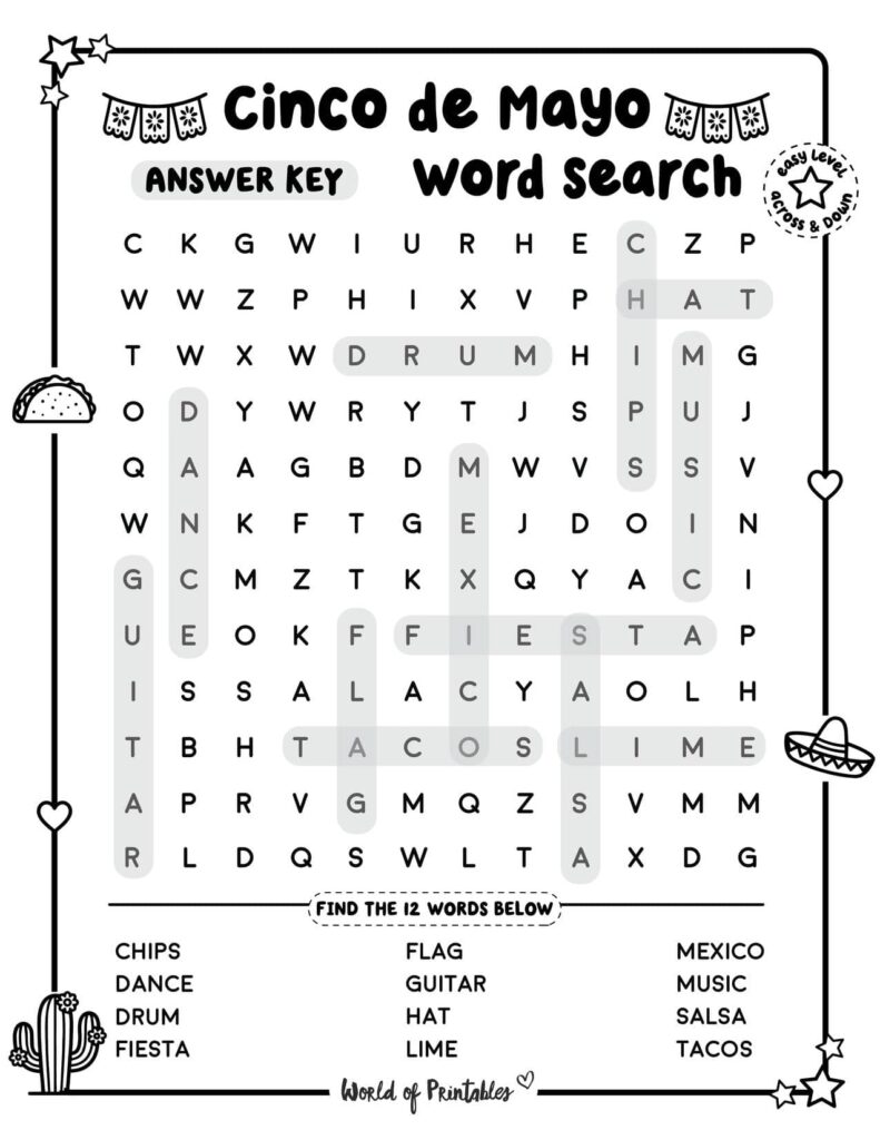 Easy Level Cinco de Mayo Word Search Answer Key
