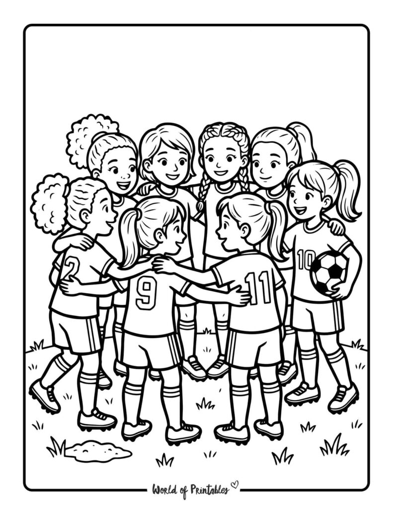 Girl Team Huddle Soccer Coloring Page