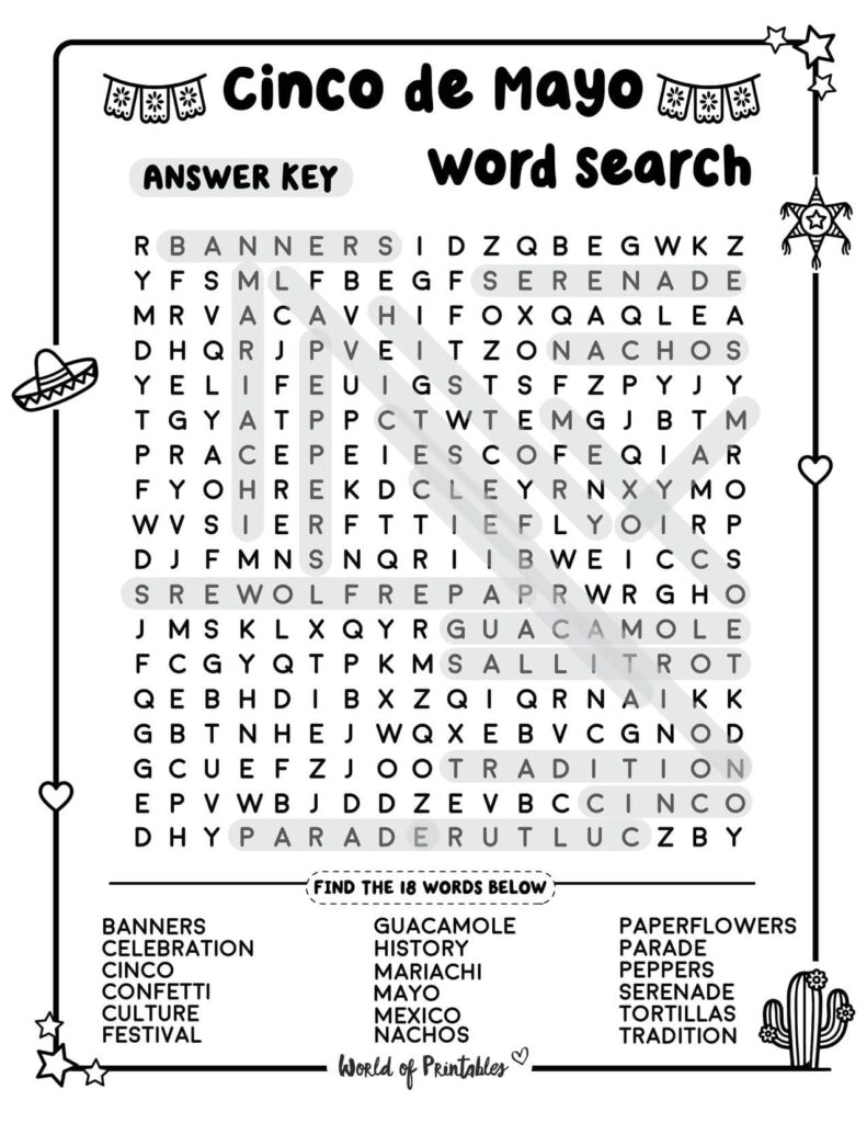 Hard Cinco de Mayo Word Search Answer Key