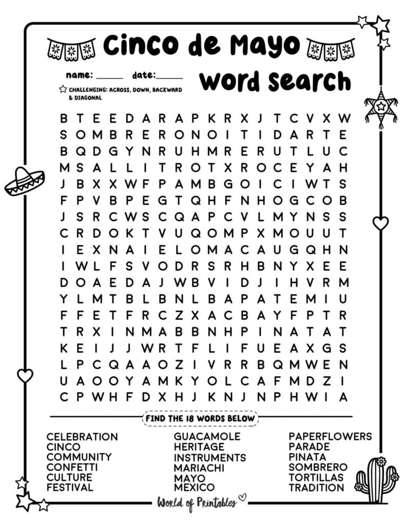 Hard Difficulty Cinco de Mayo Word Search